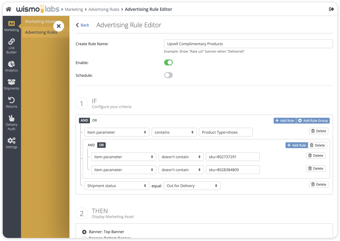 Advanced Rule-Based Marketing in Post-Purchase Customer Engagement in WISMOlabs dashboar